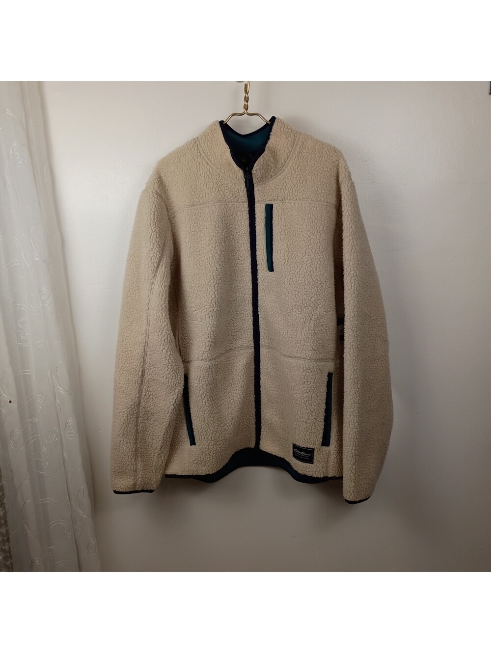 Eddie Bauer Mens Ivory Sherpa Full Zip Jacket Size XL Chilali Oyster Mock